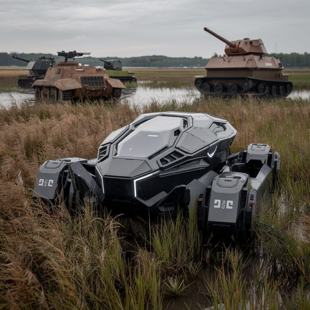 Sleek Futuristic Robot Tank in Overcast Field