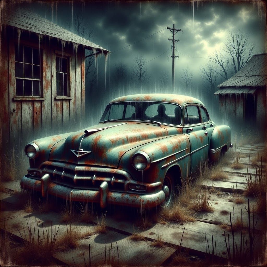Abandoned Car Under Spooky Foggy Skies in Vintage Watercolor