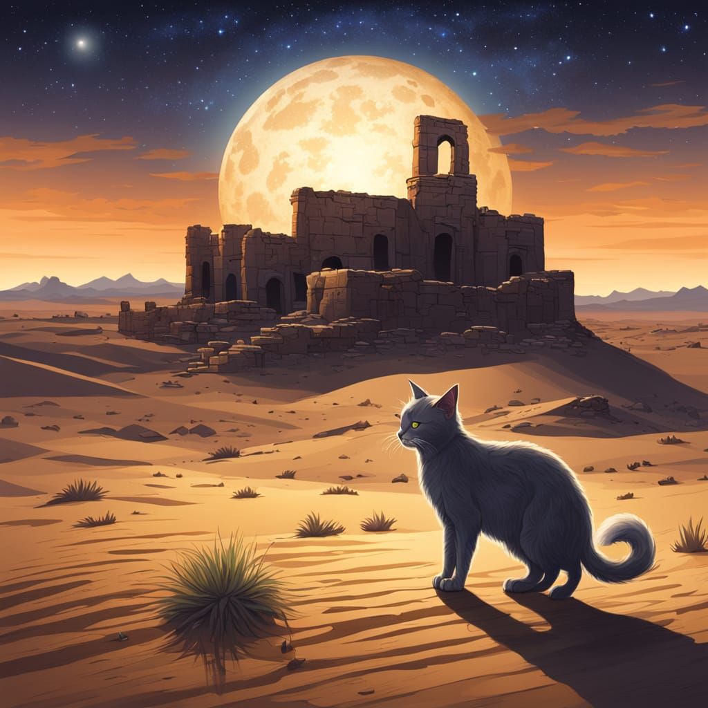 Cat in Desert Ruins Under Starry Night Sky