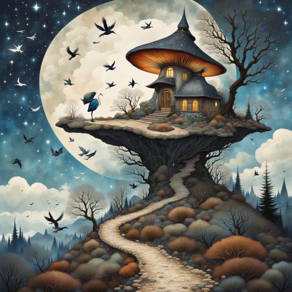 <lora:Melancholia:1.0> A whimsical house intricately designed as a giant mushroom rests upon a floating island. A windin...