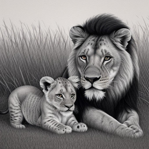 Innocent Savannah Playtime in Classic Ink Drawing Style