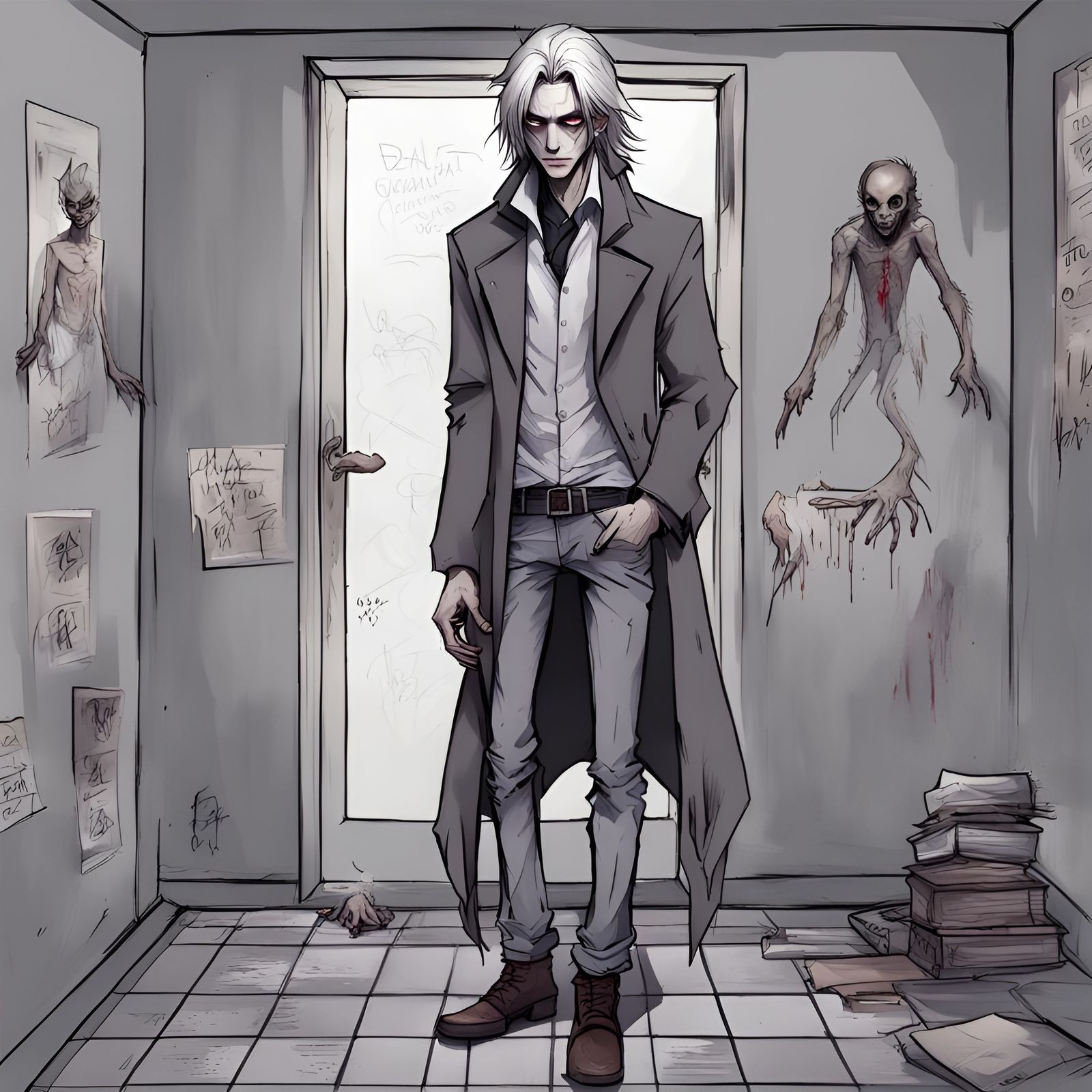 Vampire Masquerade Character in Simple Gray Clothes