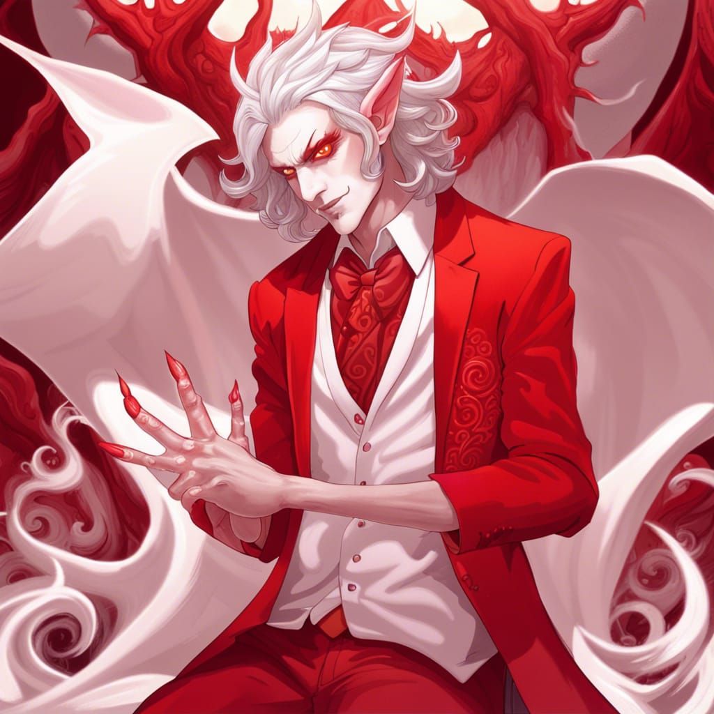 Demonic Figure with White Hair and Scarlet Suit