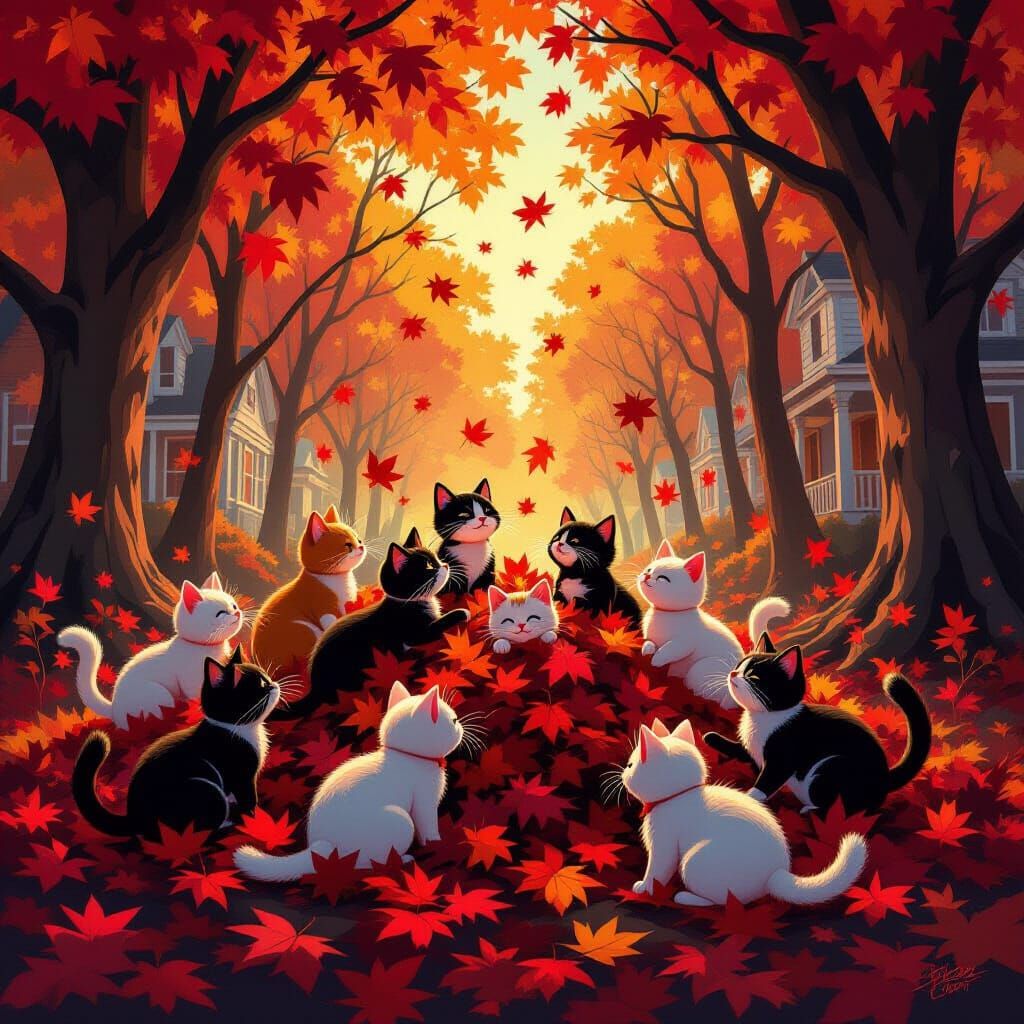Cats Playing in Lava and Autumn Leaves Digital Painting