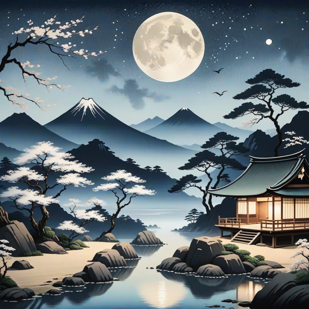 Serenity in Moonlit Japanese Garden