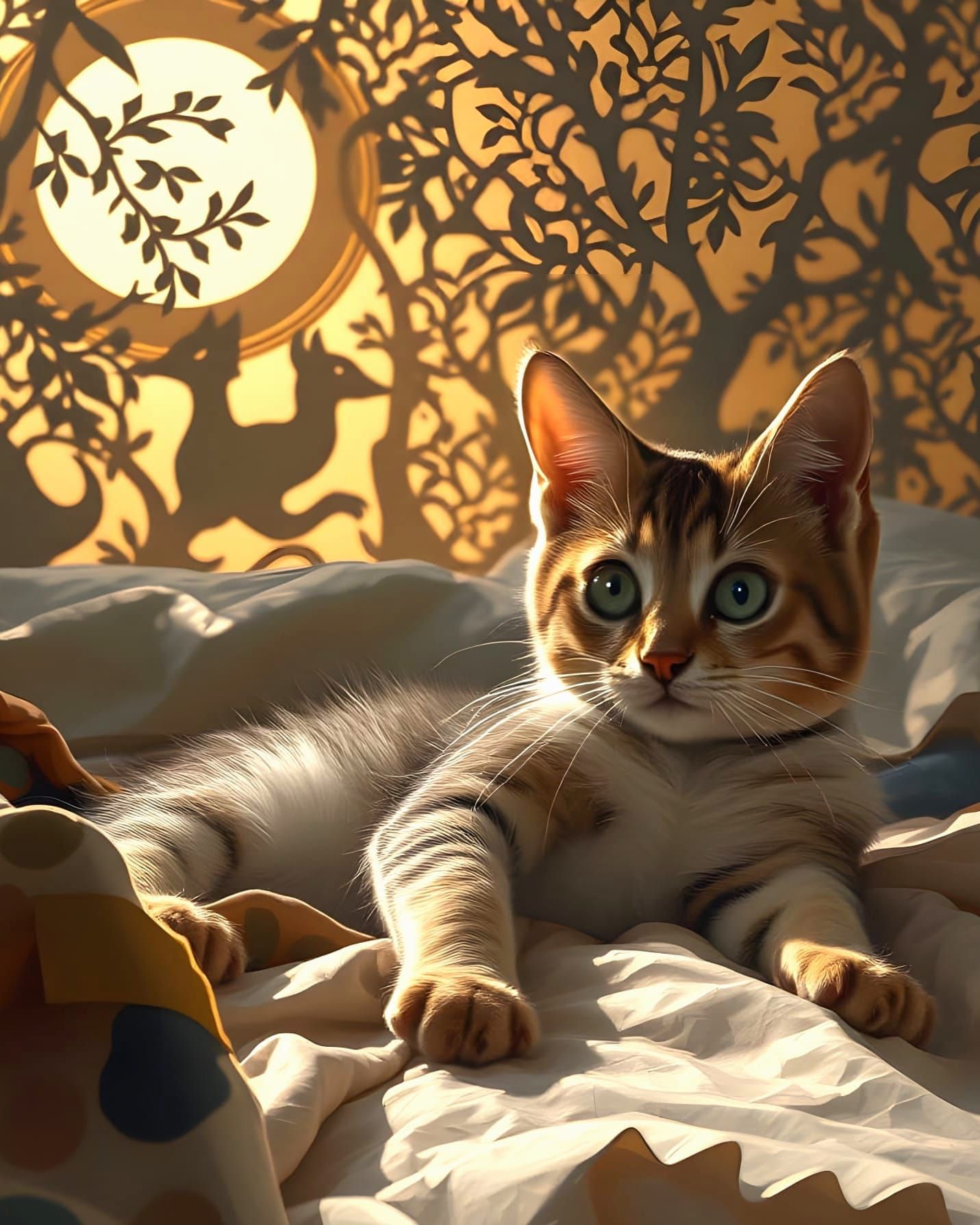 Kitten in Sunbeam with Wayang Shadow Puppets: Manet Style