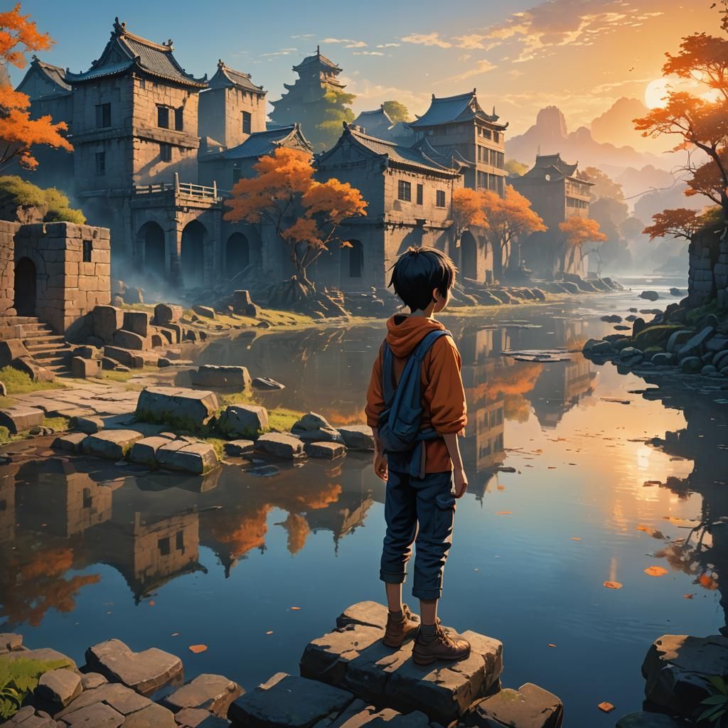 Boy Overlooking Ancient Ruins in Anime Style