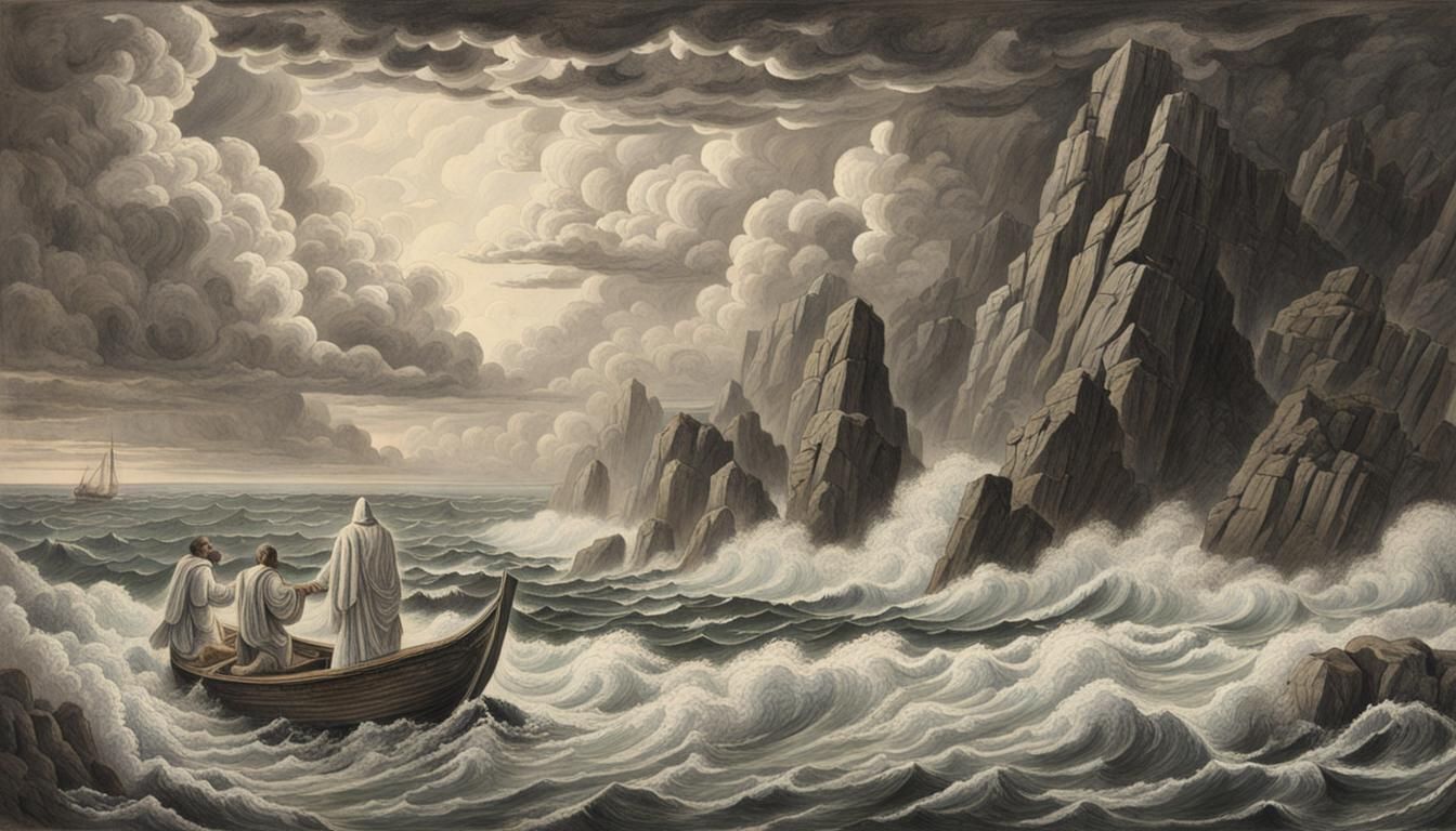 Muscular Elderly Man Rows Boat in Stormy Sea: Charcoal Drawi...