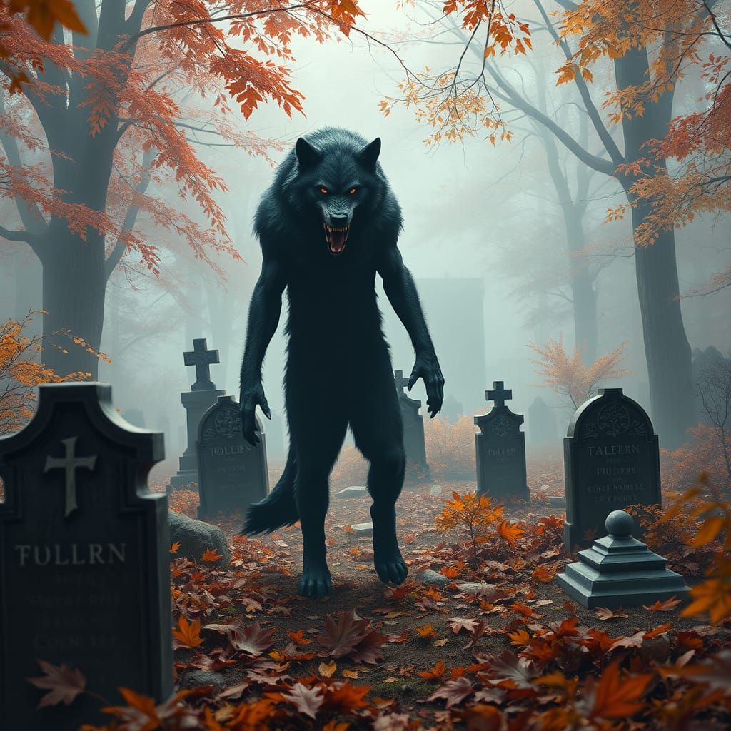 Werewolf Haunted by Spectral Spirit in Autumn Cemetery