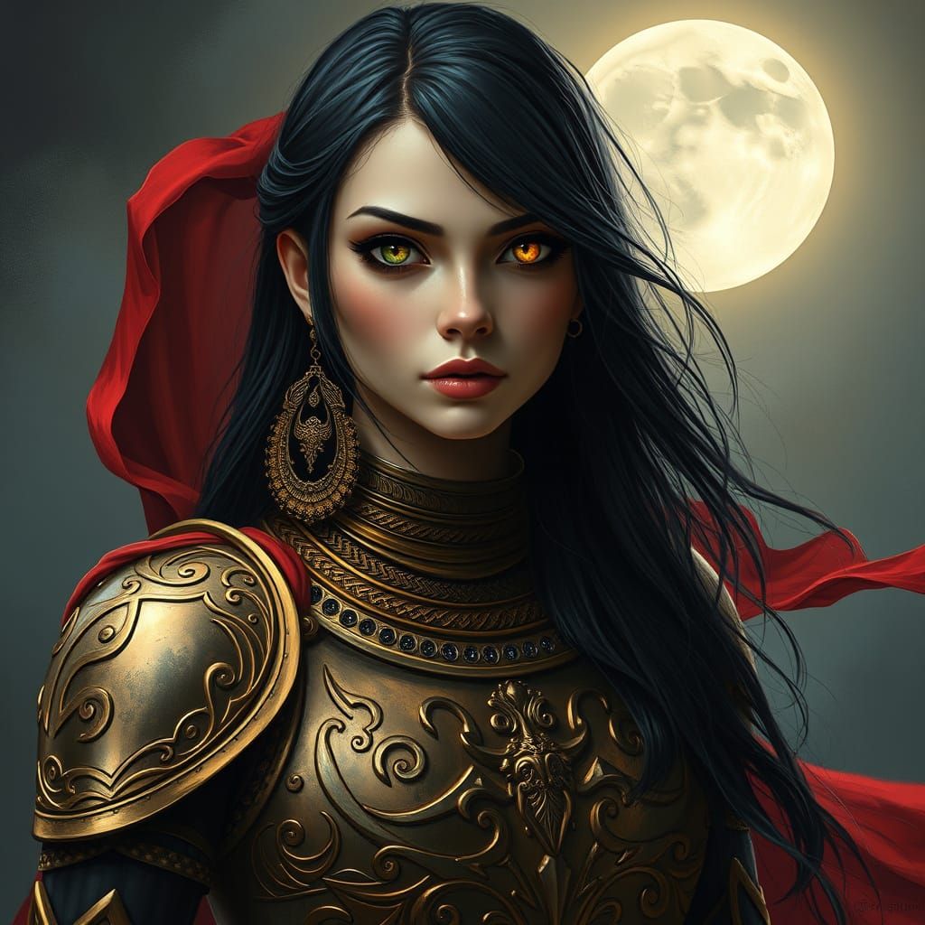 Surreal Goddess in Bronze Armor Basks in Lunar Glow