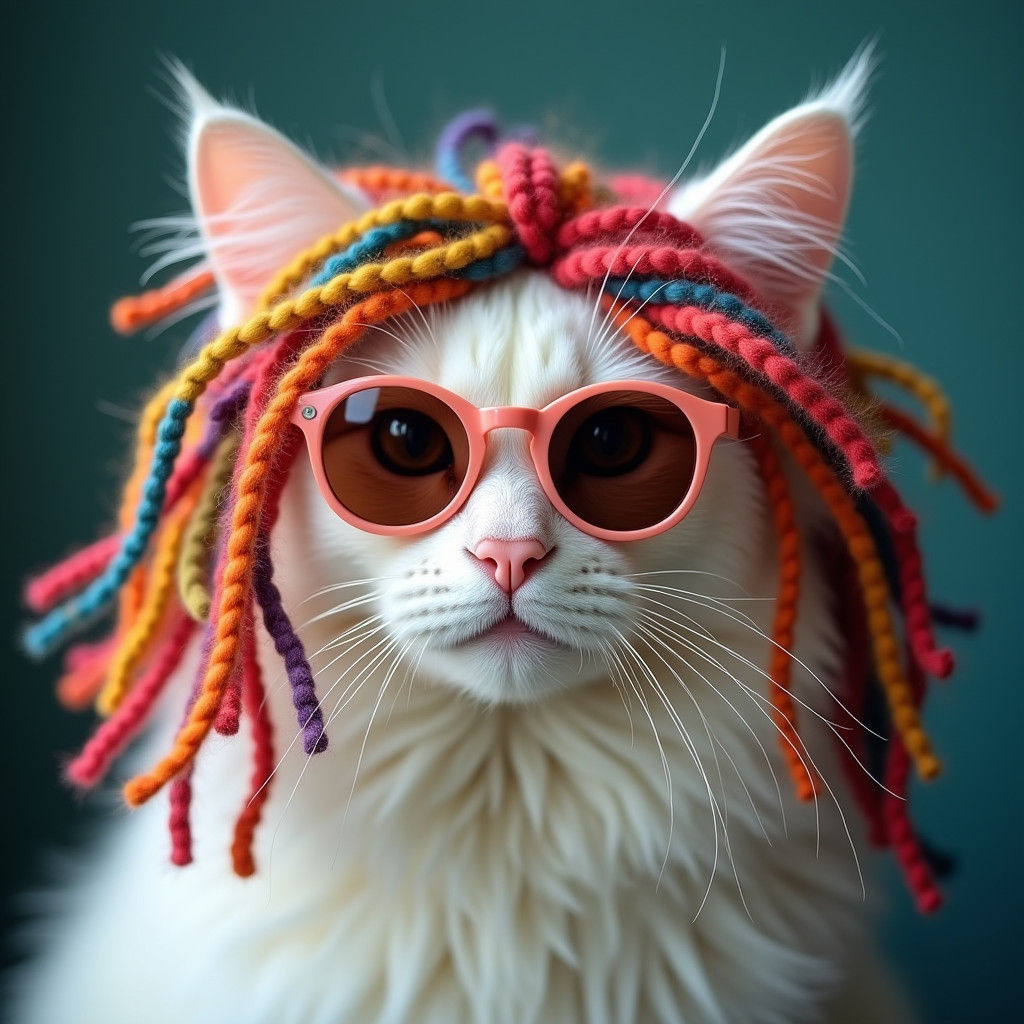 White Cat with Wool Dreadlocks and Sunglasses