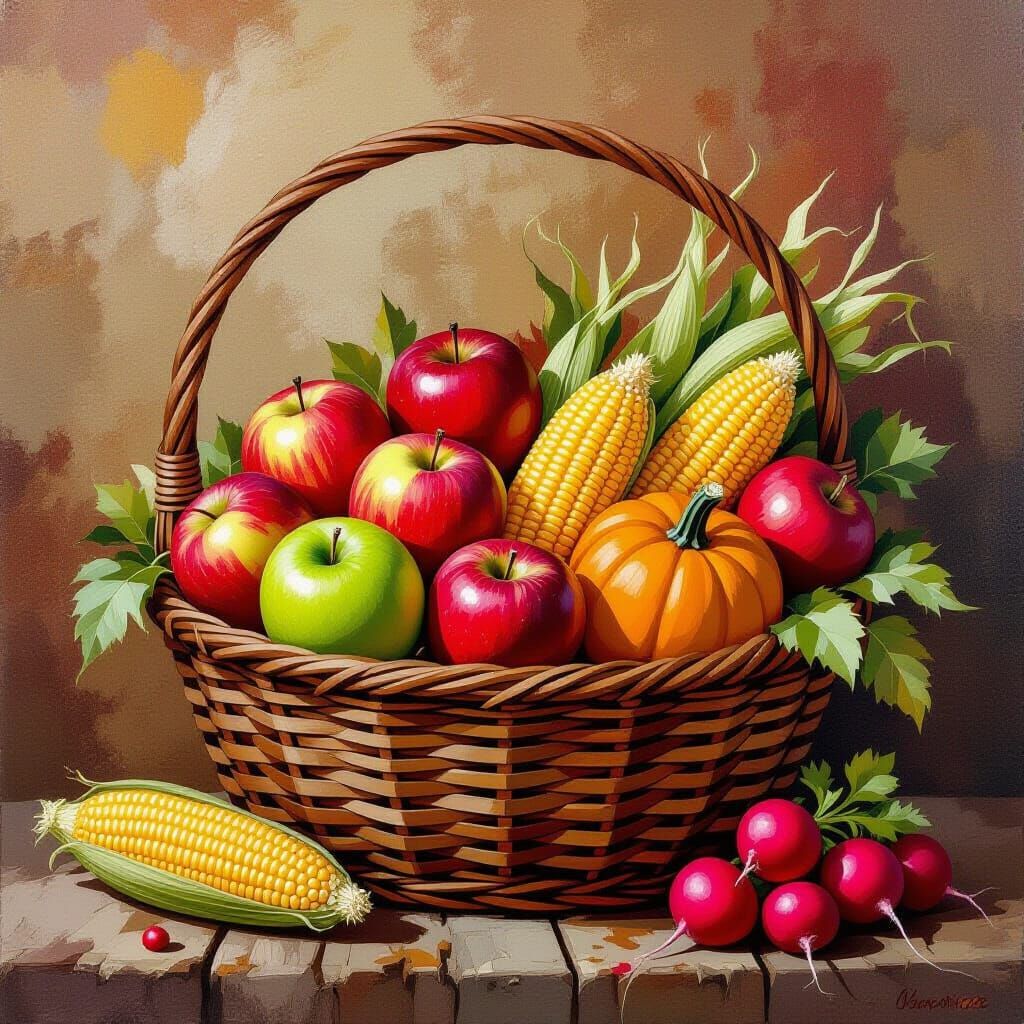 Abundant Harvest Basket in Miró-Inspired Abstract Style