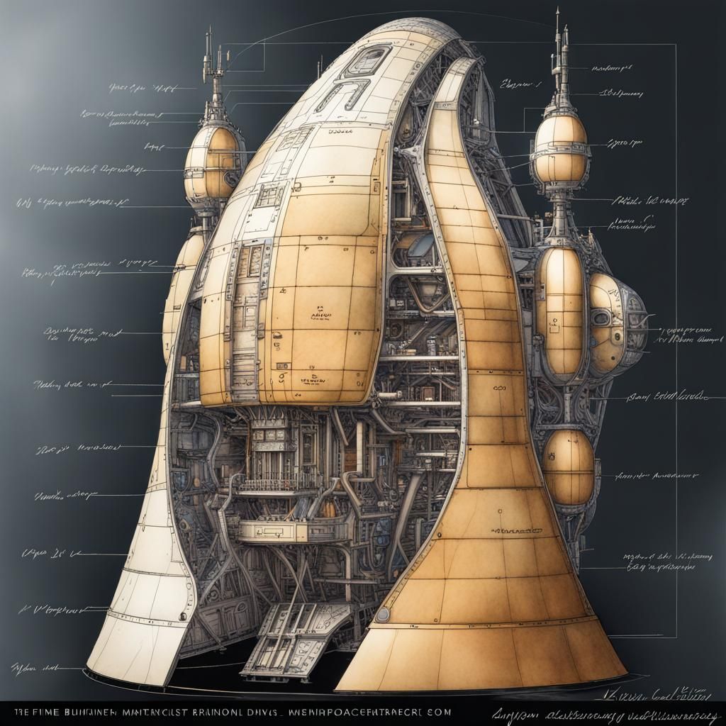 Detailed Spaceship Blueprint in Leonardo da Vinci Style