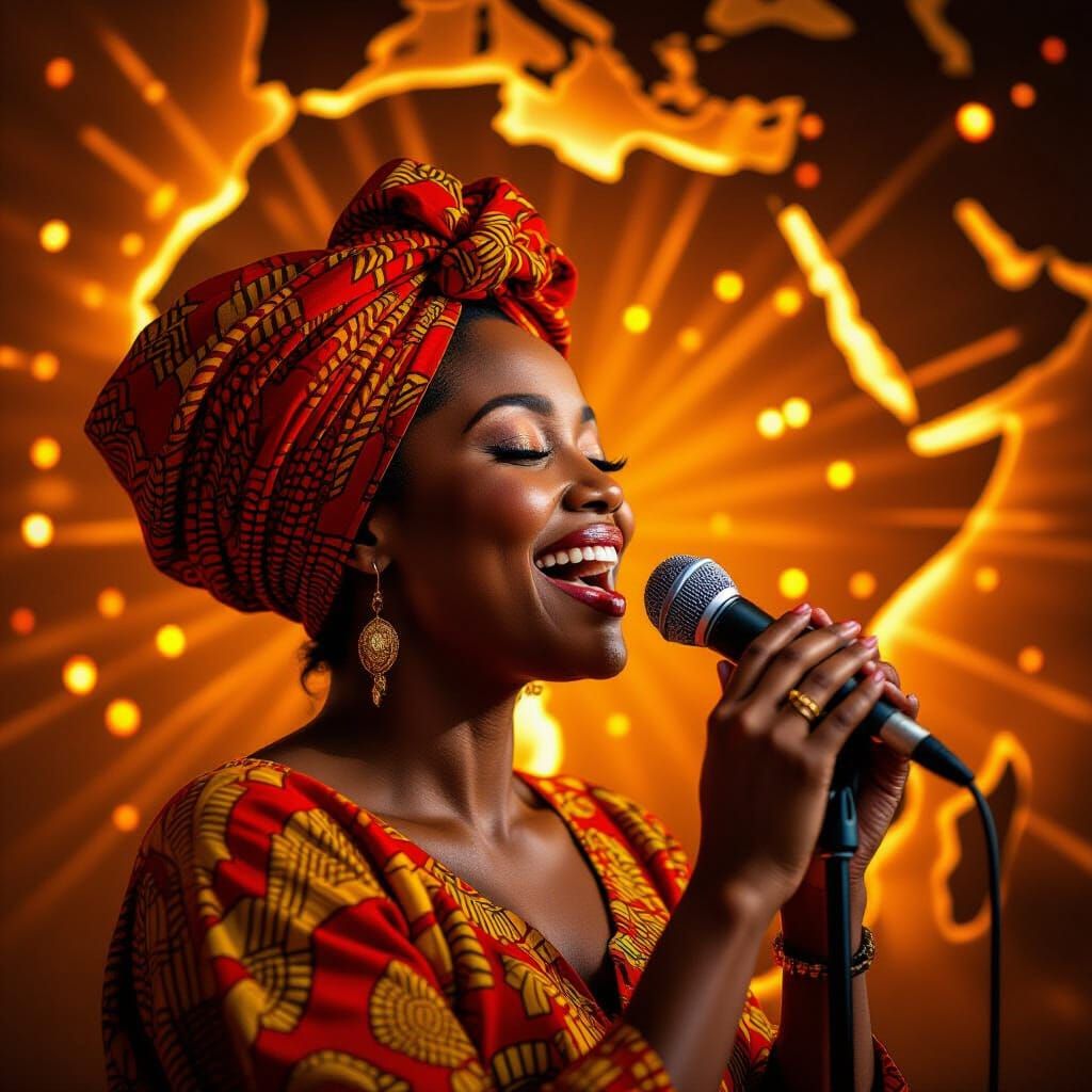 African Singer Radiating Melodies in Ernie Barnes Style
