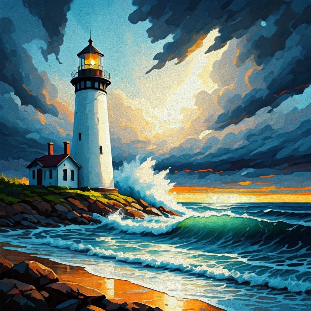Lighthouse in Ink Splatter Storm: Oil Painting