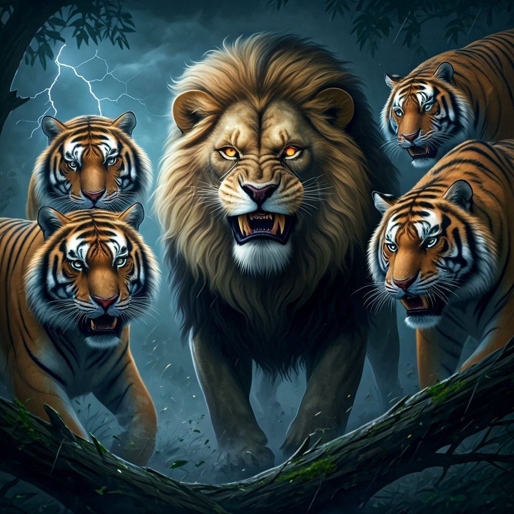Lion and Tigers Face Off in Dark Jungle