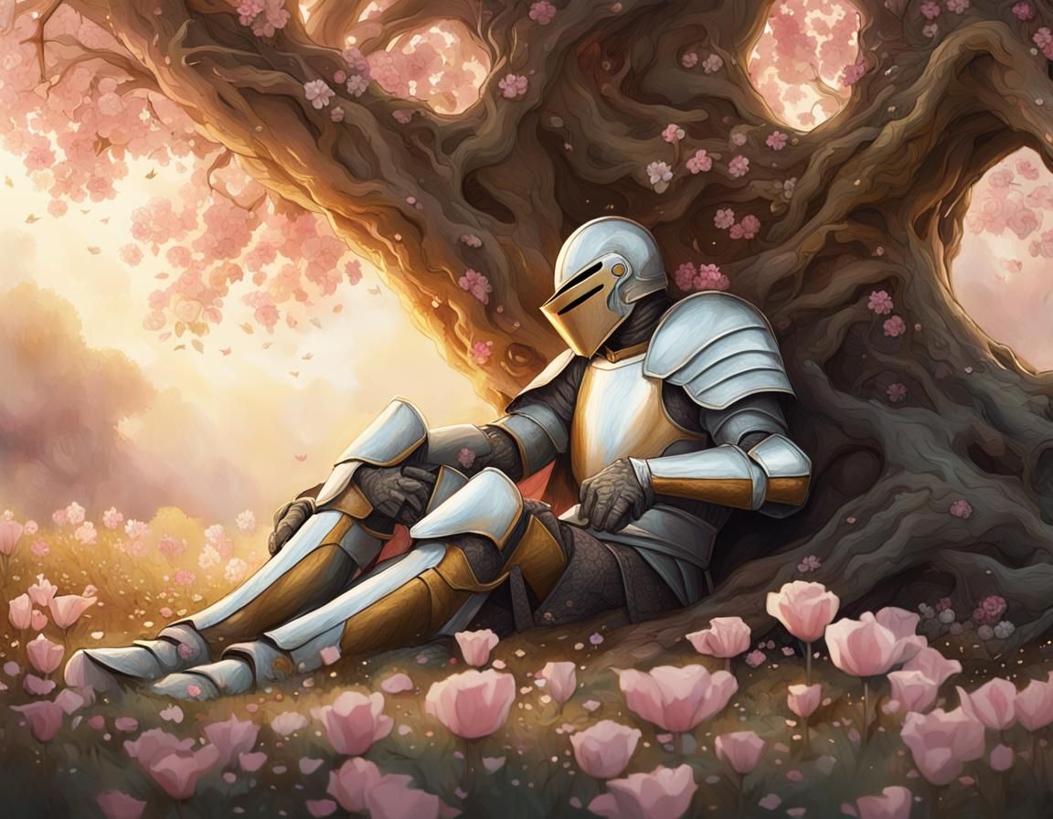 Wounded Knight in Forest of Flowers: Fantasy Illustration