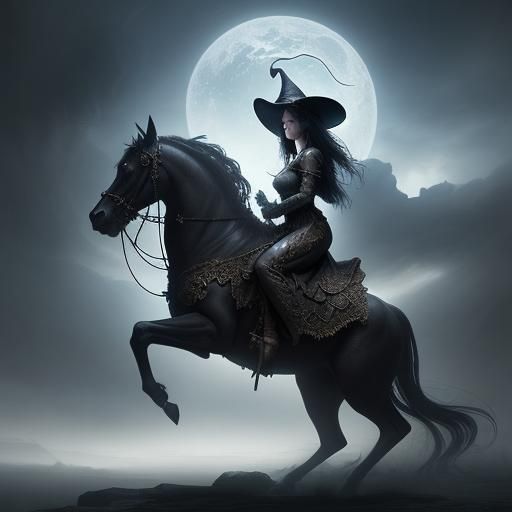 Epic Witch Rides Ethereal Steed: Digital Matte Painting