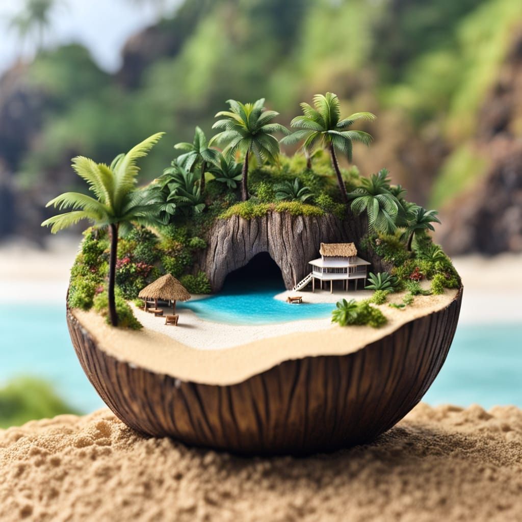 Detailed Diorama of a Tropical Island Beach in a Coconut