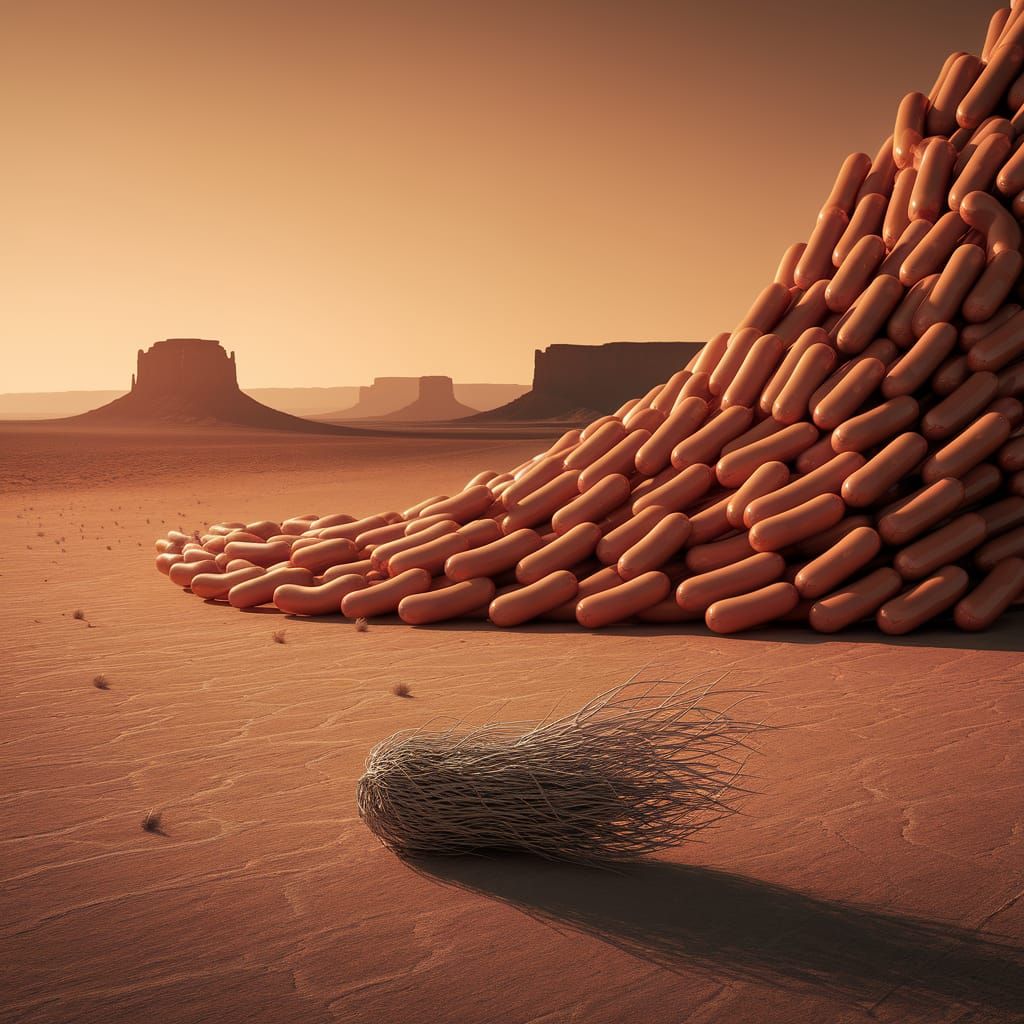 Surreal Hotdog Stampede on Dusty Plain