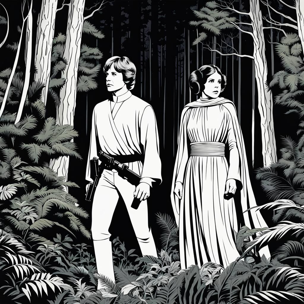 Princess Leia and Luke Skywalker escape from the dark and dense forest