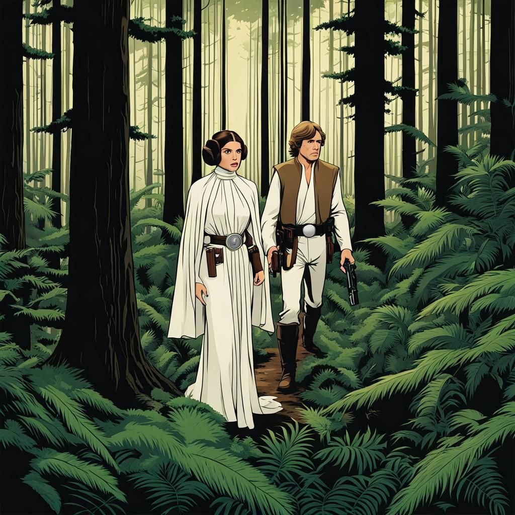 Princess Leia and Luke Skywalker escape from the dark and dense forest