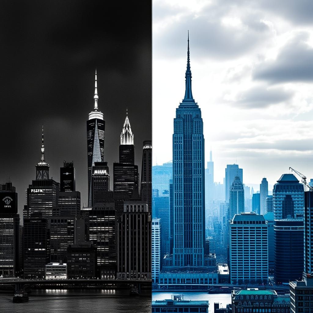 New York City Skyline: Split Screen in Monochrome and Techni...