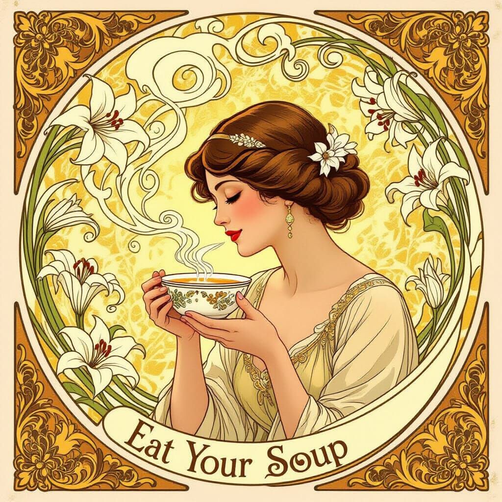 Art Nouveau Woman Eating Soup in Golden Light