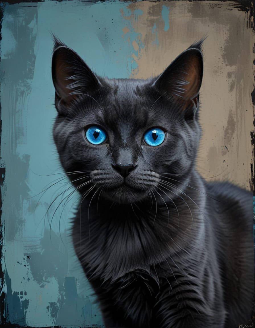 A Pop Art Portrait of a Black Cat with Blue Eyes in a Dark R...