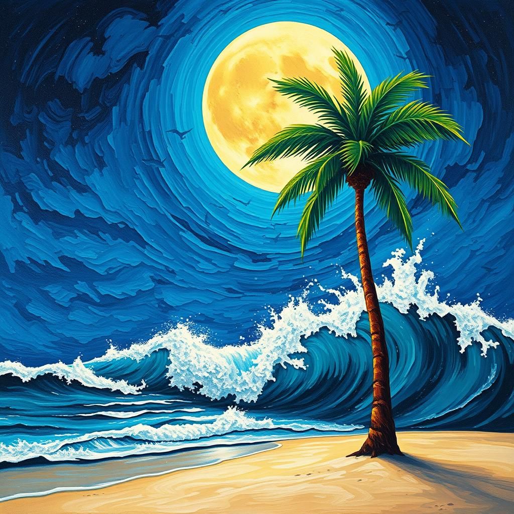 Impasto Palm Tree Under Moonlight: Anime Key Visual