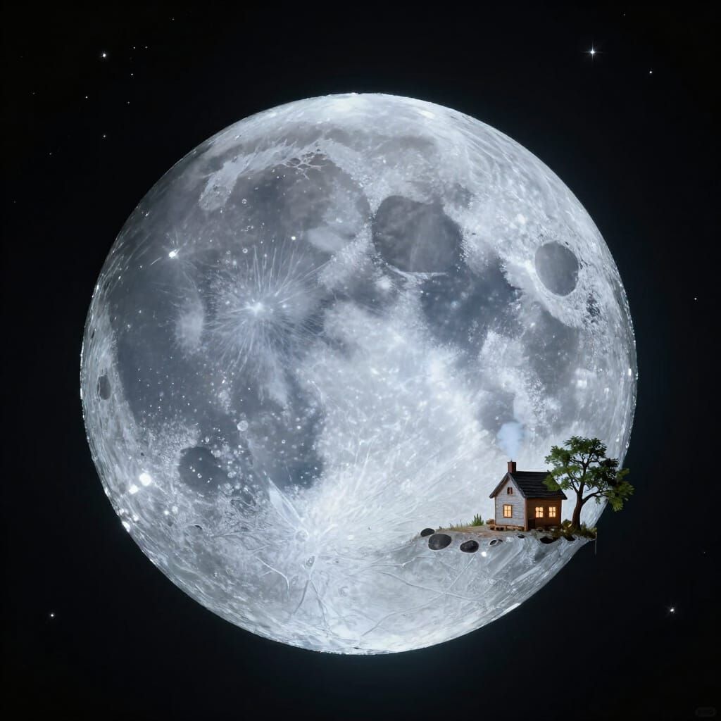Glass Moon with Crystal Surface and Cozy House in Space
