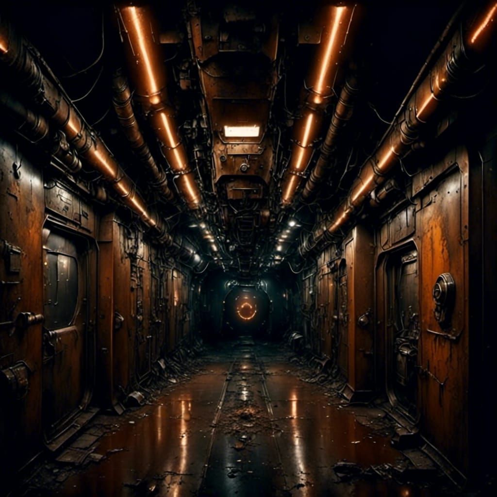 Dramatic Rusty Film Still in Dark Corridor