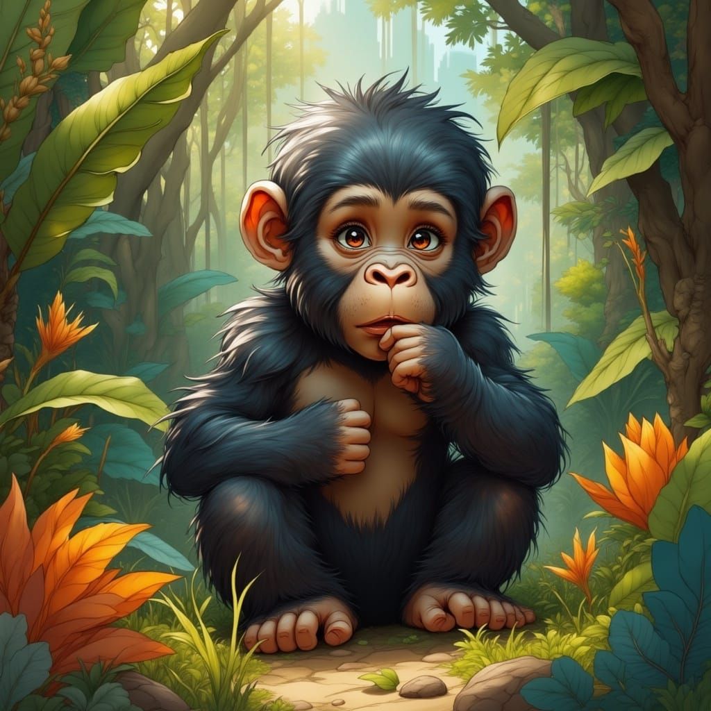 Playful Gorilla Cub in Lush Jungle Illustration