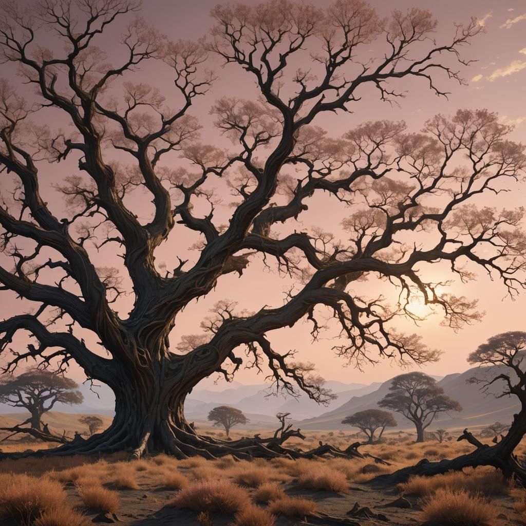 Barren Landscape: Ancient Tree in Klimt Style