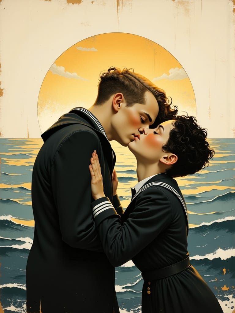 Sailors' Kiss at Sunset in Romantic Realism