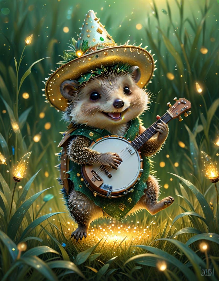Chibi Hedgehog Plays Banjo in Dreamy Firefly Field