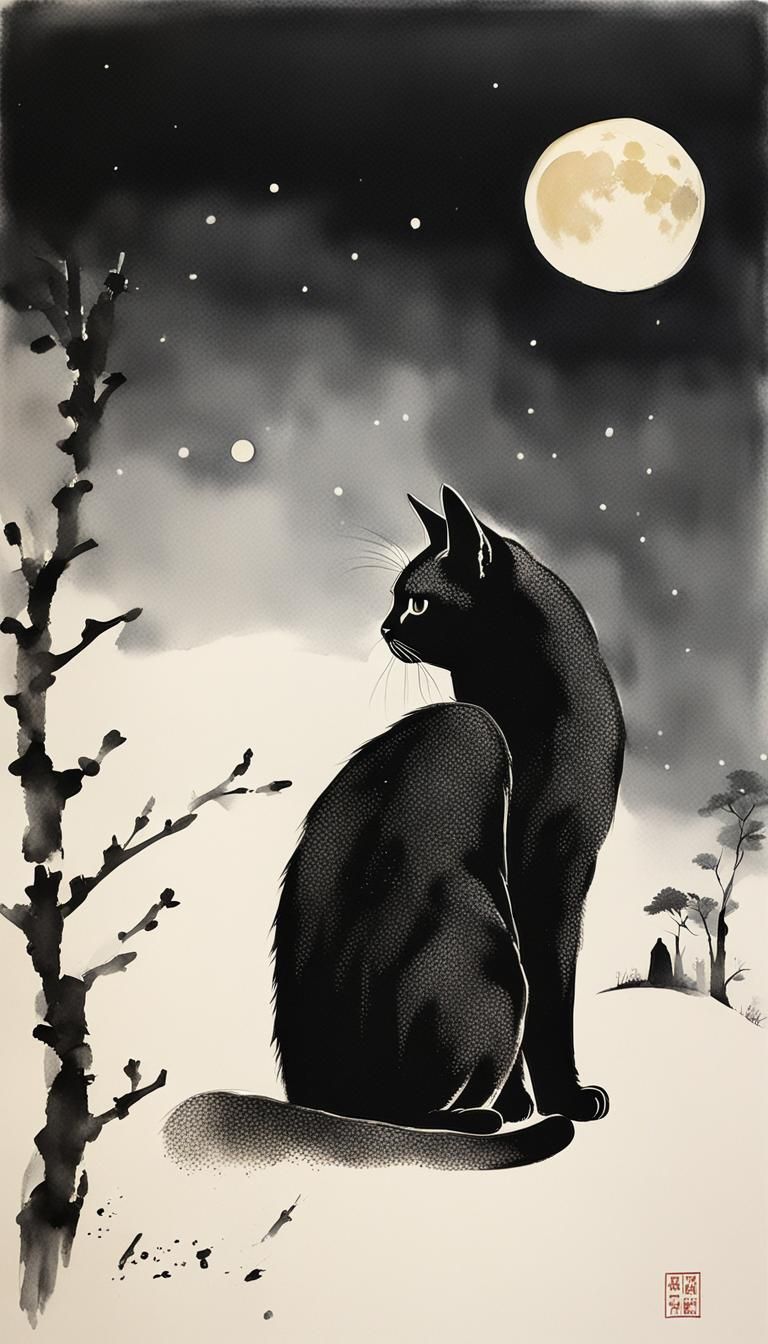 Minimalist Ink Painting: Cat, Moon, and Snow
