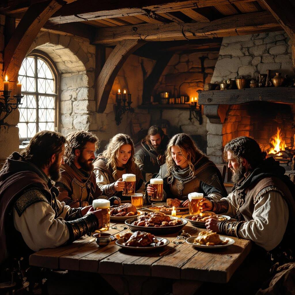 Medieval Tavern Scene with Knights and Travelers
