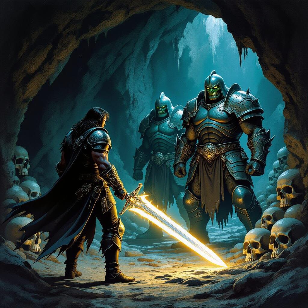 Armored Man Enters Skull Cave in Fantasy Art Style