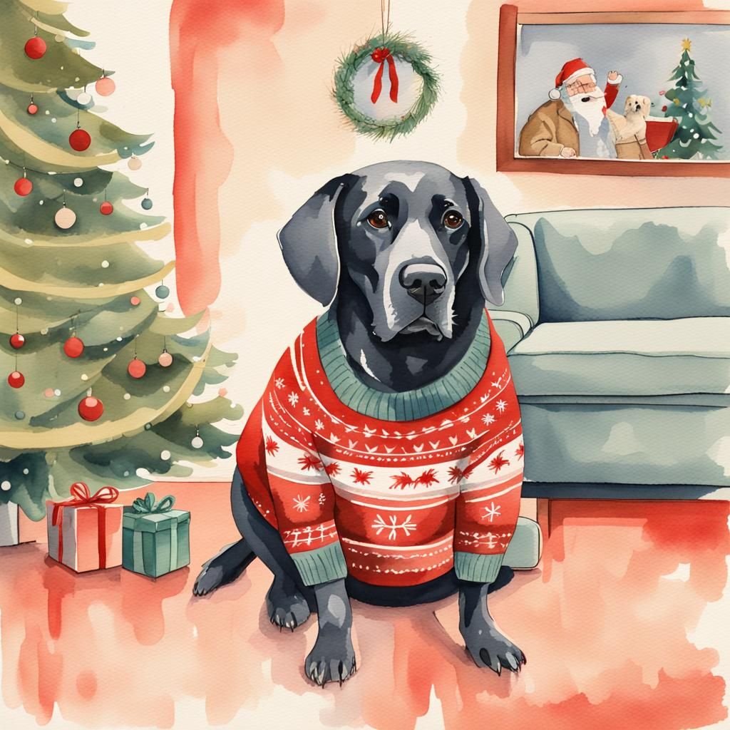 Dog Visits Santa in Midcentury Modern Watercolor