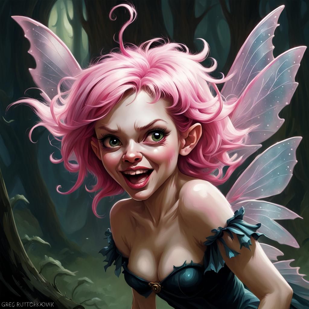 Mischievous Pink-Haired Fairy in Dark Fantasy Style