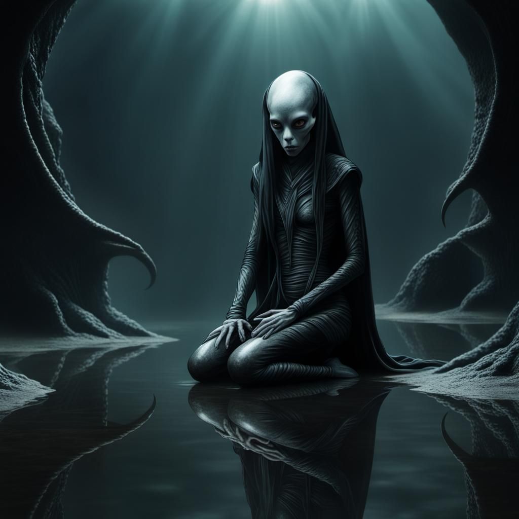 Alien Kneeling at Reflective Pool of Hell