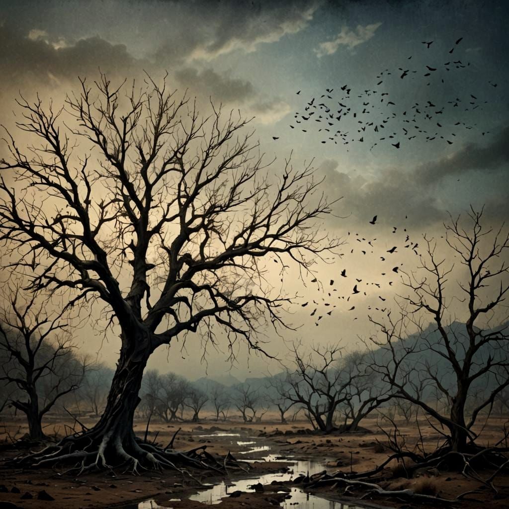Barren Tree in Moody Abstract Dark Fantasy Landscape