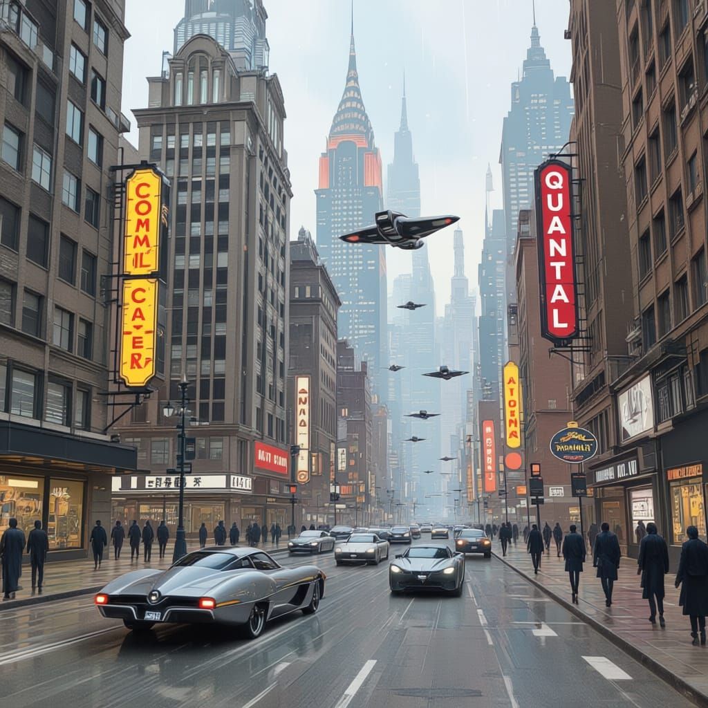 Futuristic Metropolis Street Scene in Dark Fantasy Comic Sty...