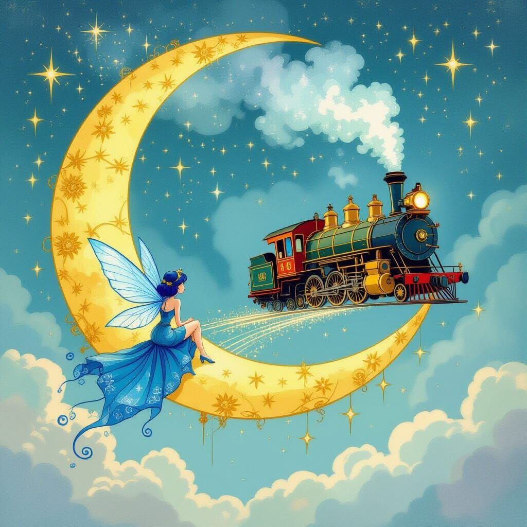 Sapphire Pixie Observes Steampunk Time Train
