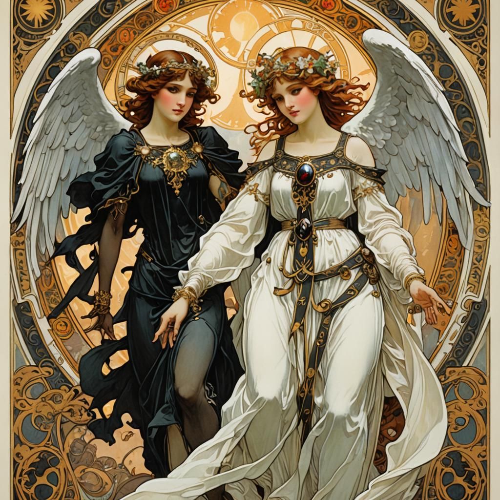Angel and Devil Tarot Card in Art Nouveau Style