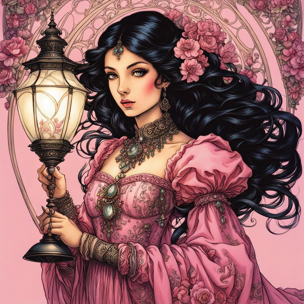 Fantasy Girl with Lamp in Arthur Rackham Style