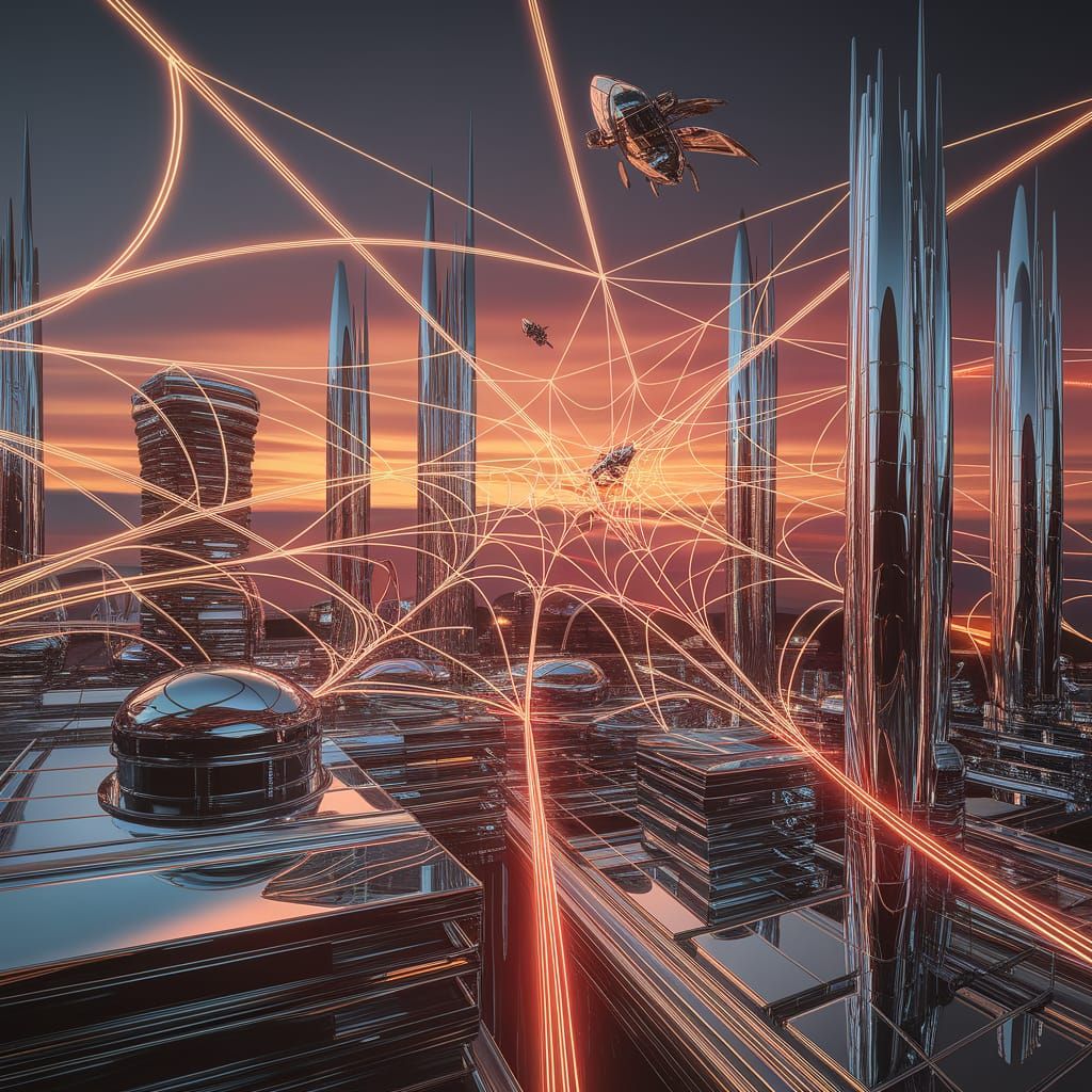 Retro-Futuristic Cityscape at Dusk with Neon Energy Conduits