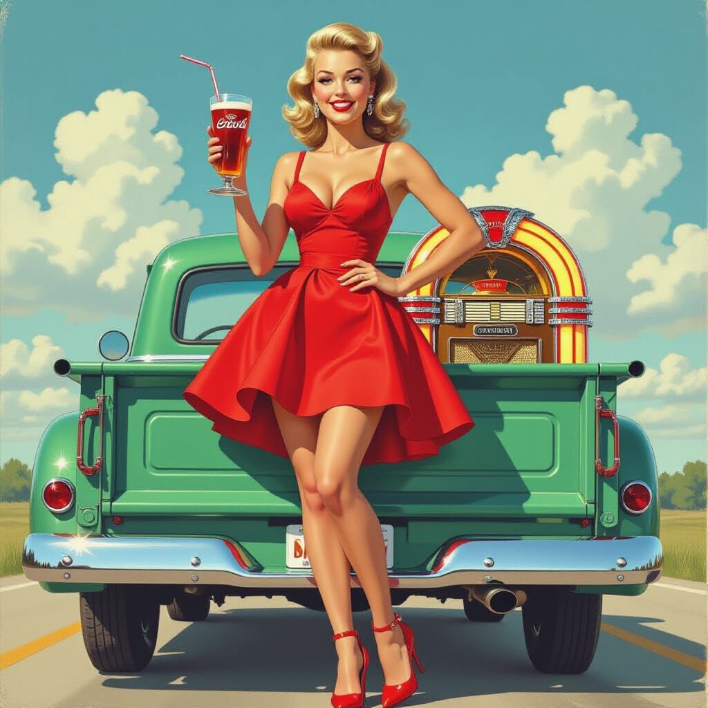 Pinup Girl with Cola on Vintage Pickup Truck