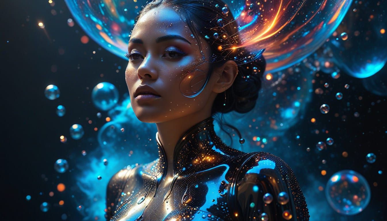 Celestial beauty floats amidst cosmic wonders and vibrant dr...